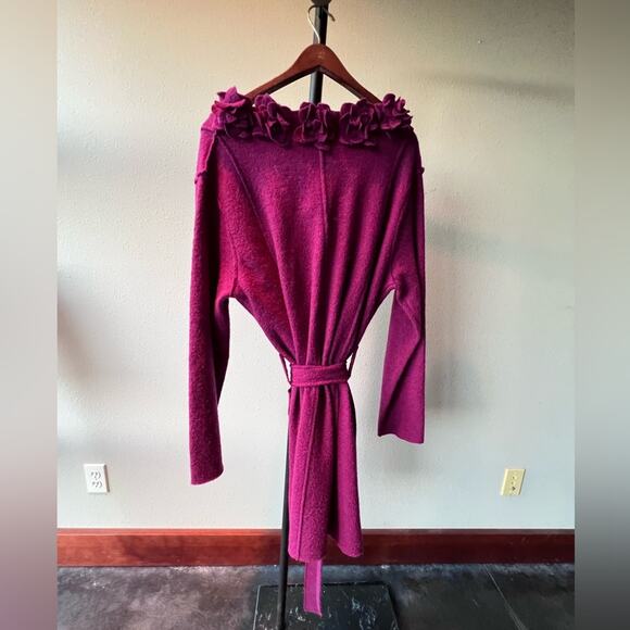 Spiegel 100% wool flowered ruffle trim belted cardigan wrap - Picture 3 of 7